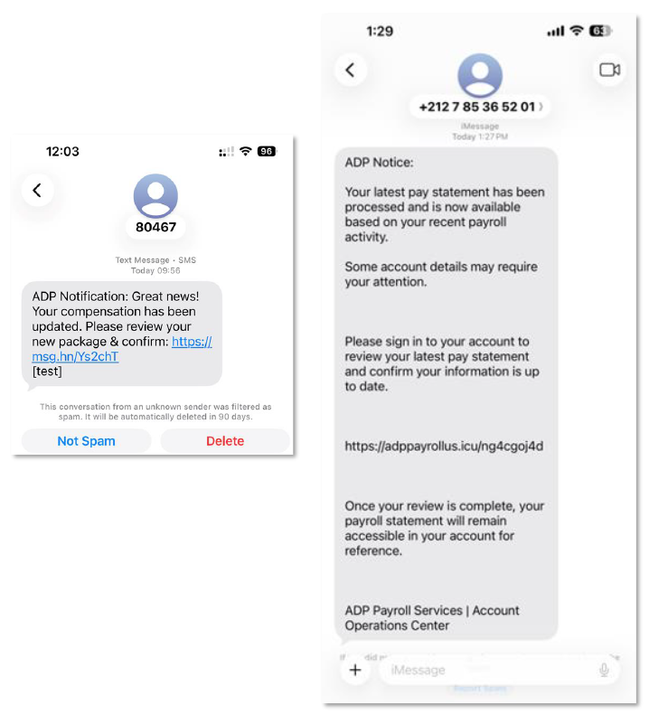 Image from Smishing Campaign: “ADP Notification: Your compensation has been updated. Review & confirm your new package”
