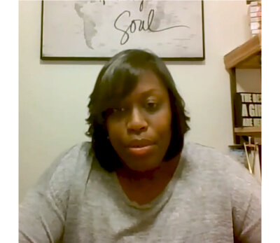 Shalena Brown-Best being interviewed on a video call from a home office.