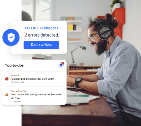 Technology image showing payroll inspector detecting 2 errors and a list of top to-dos. 
