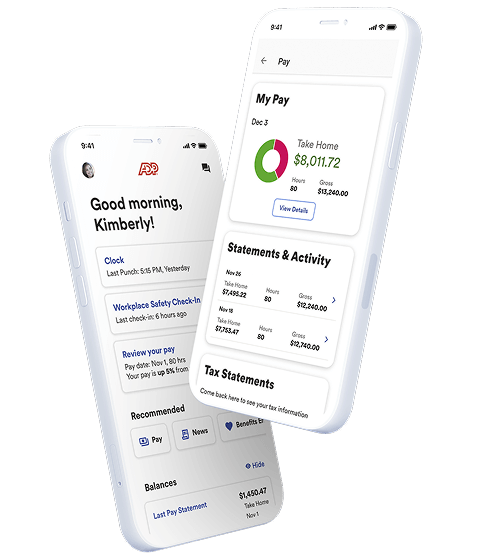 2 mobile phones showing the home screen and My Pay screen on ADP's top-rated mobile app
