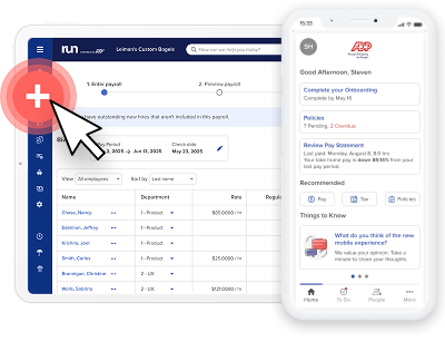 RUN Powered by ADP payroll review screen shown on a tablet; RUN Powered by ADP dashboard shown on a mobile device