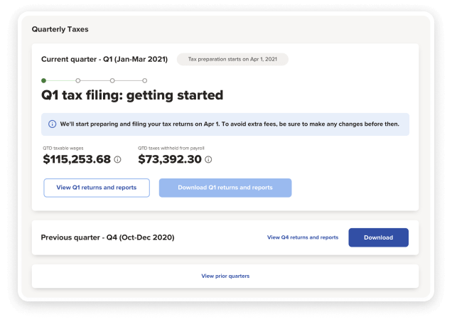Screenshot of RUN Powered by ADP interface, displaying a Q1 tax filing screen