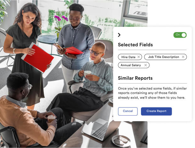 Screenshot featuring ADP Workforce Now's drag-and-drop reporting tool with a overlayed screen of FieldGrabber demonstrating the selected fields you can add to your report.