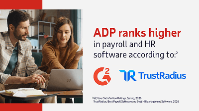 Screen capture from related video highlighting that ADP ranks higher in payroll and HR software according to G2 and TrustRadius from recent surveys in 2026.