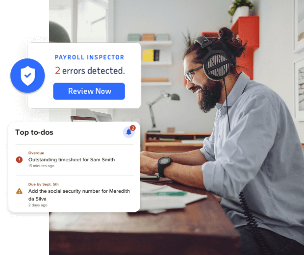 Technology image showing payroll inspector detecting 2 errors and a list of top to-dos.