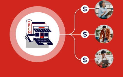 Illustration showing cash flow from multiple customers to a small business with an open sign on a red background.