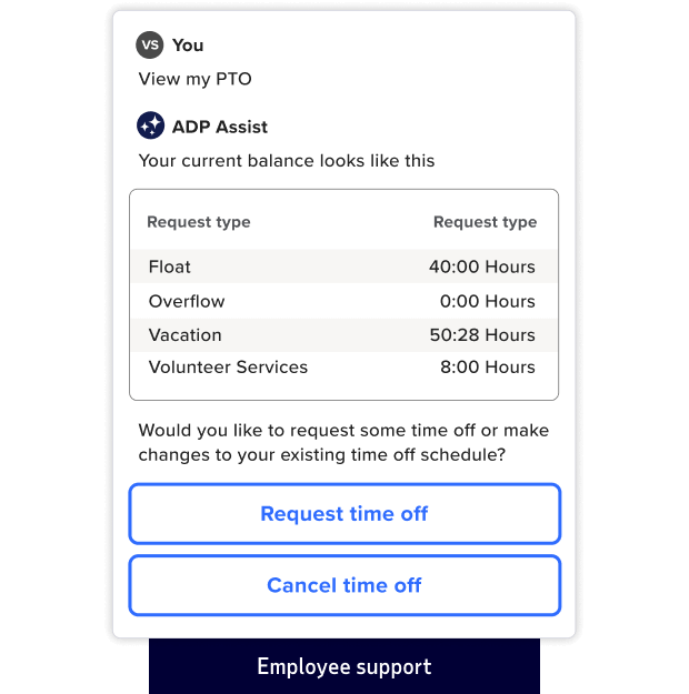 User asks ADP Assist to view PTO balance. AI displays hours for float, overflow, vacation and volunteer services, with options to request or cancel time off.