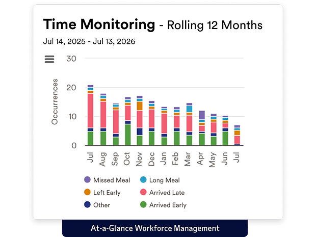 Bar chart display monthly employee time monitoring with occurrence frequency and reasons