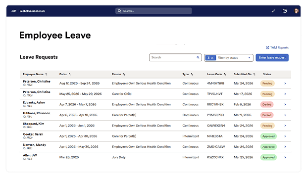 Screenshot of the Total Absence Management product’s Employee leave request screen, displaying the employee name, dates, leave reasons, types and approval status. 