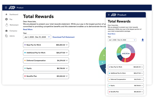 Total Rewards dashboard showing compensation categories (base pay, additional pay, deferred compensation, equity, benefits) with amounts and a donut chart, presented in desktop and mobile views.