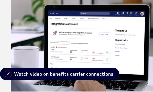 inset of Integration dashboard overlaid with message: Watch video on benefits carrier connection