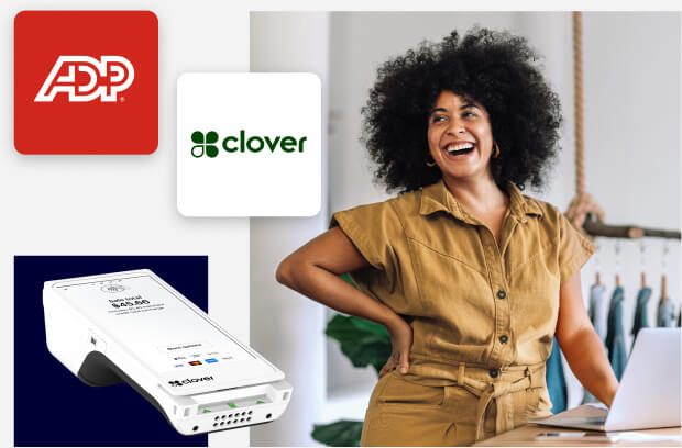 Collage showing ADP and Clover logos, a handheld Clover point of sale device, and a happy small business owner.