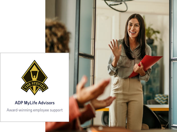The Stevies Awards logo with support copy reading: ADP MyLife Advisors, Award-winning employee support.