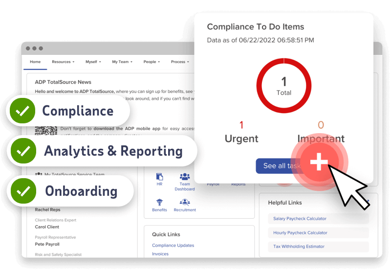 Screenshots of the ADP TotalSource product, highlighting Compliance, Analytics, Reporting, and Onboarding Task Management 