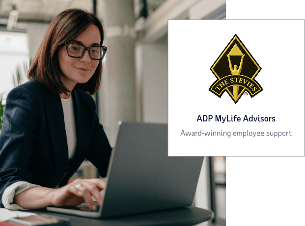 The Stevies Awards logo with support copy reading: ADP MyLife Advisors, Award-winning employee support.