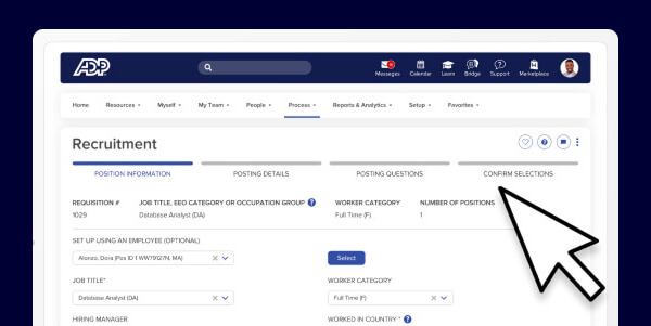 ADP recruitment screen showing how to setup a new job posting