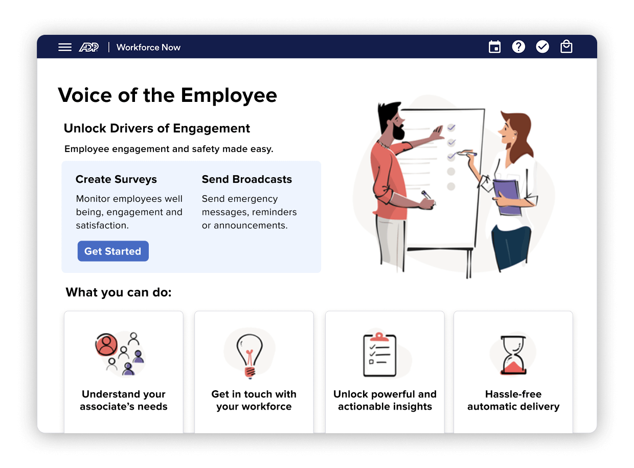 ADP Workforce Now Voice of the Employee screen displaying employee engagement tools like creating surveys and sending broadcasts