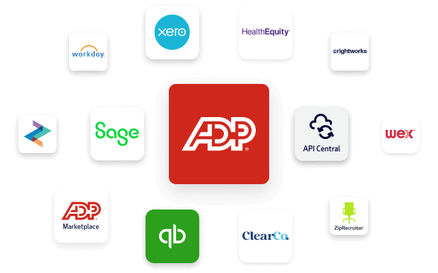 ADP solutions integrate with most major ERPs such as Sage, QuickBooks, Xero, Workday, HealthEquity and ZipRecruiter to name a few