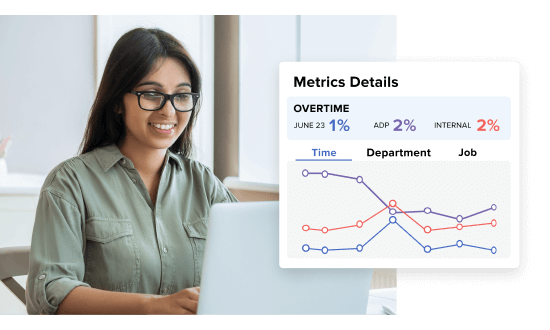 Happy businesswoman reviews 'Overtime Metrics Details' on a laptop screen.