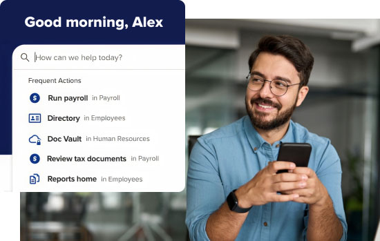 Small business owner holding mobile phone displaying RUN for ONE payroll dashboard
