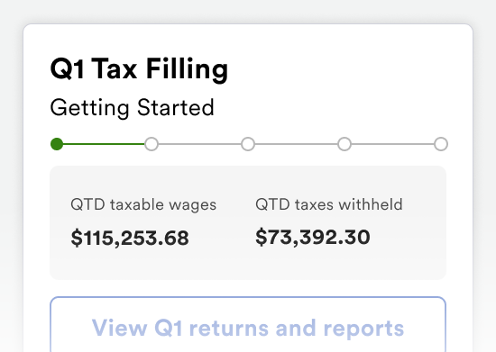 Screen showing RUN for ONE payroll Q1 tax filing window