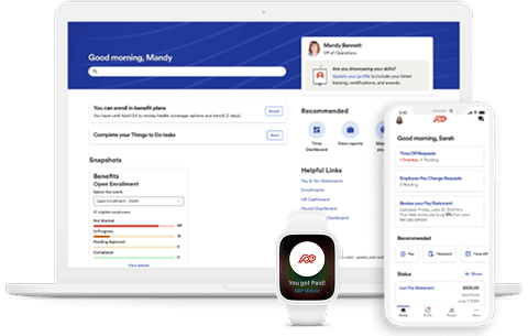 ADP Workforce Now® platform image shown on a laptop, mobile phone and watch device.
