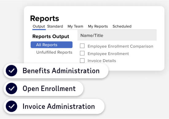 three features of ADP Comprehensive Benefits: Benefits Administration, Open Enrollment, Invoice Administration
