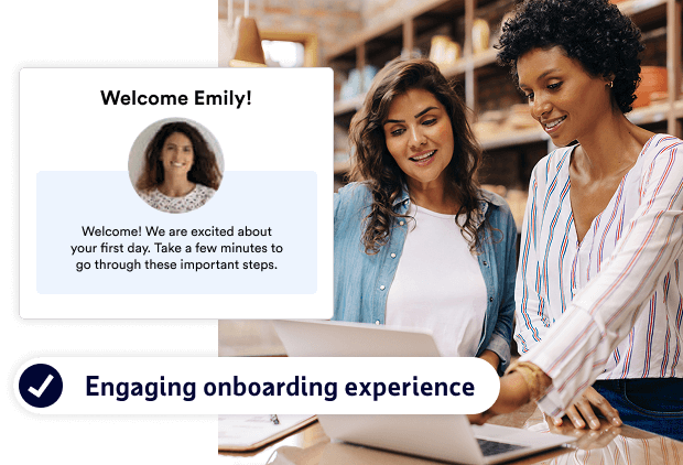 Sample of ADP dashboard accompanied by message: Engaging onboarding experience.