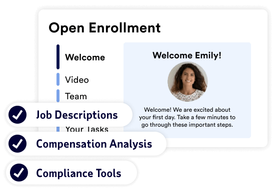 Three features of ADP Comprehensive HR: Job Descriptions, Compensation Analysis, Compliance Tools.
