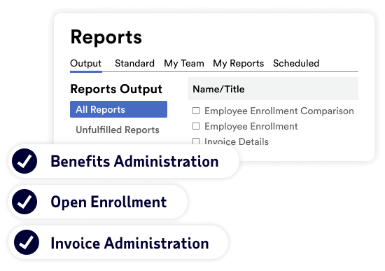 Three features of ADP Comprehensive Benefits: Benefits Administration, Open Enrollment, Invoice Administration.