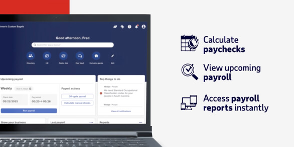 screenshot of the linked video featuring the product features to calculate paychecks, view upcoming payroll and access payroll reports instantly