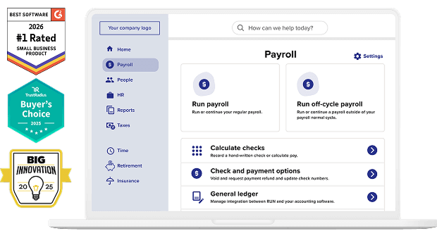 Laptop displaying ADP embedded payroll interface, with award badges at left: G2 Best Software 2026 (#1 small business product two years running), TrustRadius Buyer’s Choice 2025 and 2025 Big Innovation Award winner.