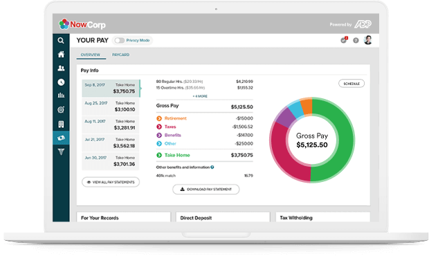 ADP TotalSource PEO desktop dashboard show the pay info tab with a breakdown of what is taken out of the gross pay by category