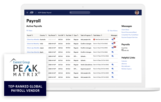 ADP® Global Payroll dashboard with 2025 Everest Group Peak Matrix Top-Ranked Global Payroll Vendor award badge.