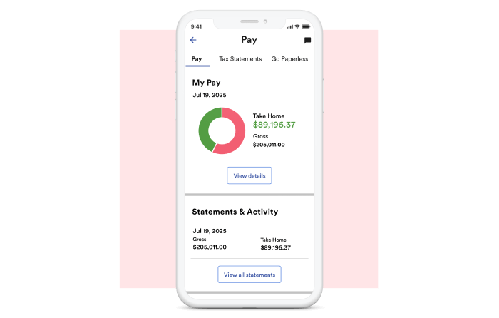 ADP GlobalView Payroll My Pay dashboard shown on a mobile phone displaying a chart with take home and gross pay with a view details buttong along with statement and activity section with view all statements button. 