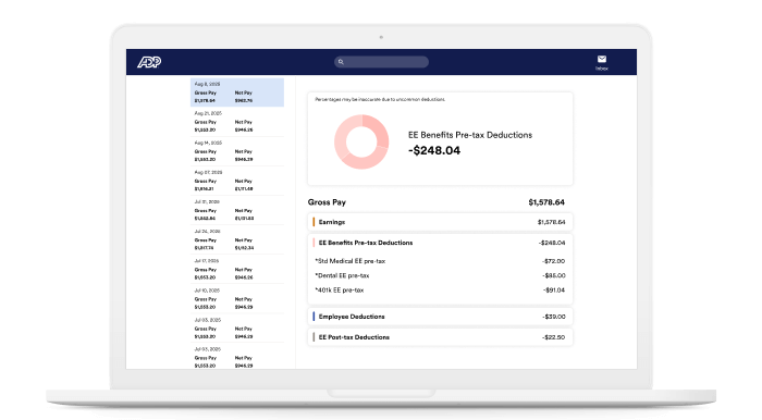 ADP GlobalView Payroll employee pay dashboard showing gross pay broken down by earnings, EE benefit pretax deductions, employee deductions, and EE posttax deductions.