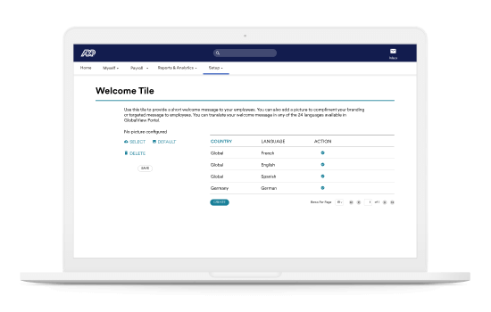 ADP GlobalView Payroll interactive portal setup dashboard showing the welcome tile configuration screen with options for a welcome message with a picture that can be translated into 24 languages.