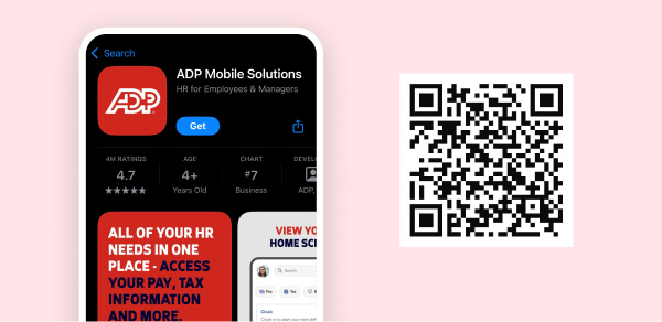 Smartphone displaying ADP Mobile Solutions app listing next to a QR code for download.