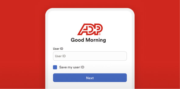 ADP mobile app login screen with fields for user ID and sign-in.