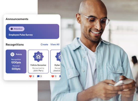 HR professional using a smartphone with ADP app showing announcements and employee recognition features.