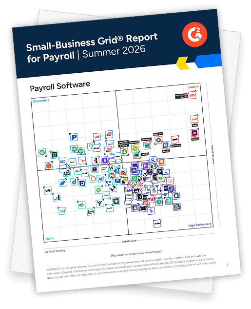 G2 Small-Business Grid® Report for Payroll Software, Summer 2026, showing payroll software vendors positioned by customer satisfaction and market presence.