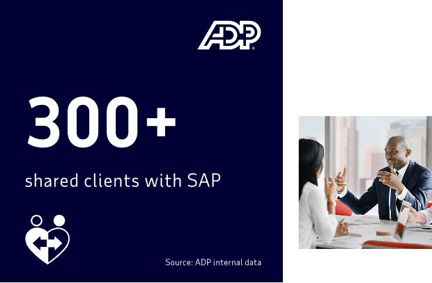 Graphic highlighting 300+ shared clients with SAP, based on ADP internal data.