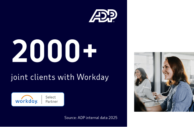 ADP graphic highlighting 2,000+ joint clients with Workday and displaying the Workday Select Partner badge