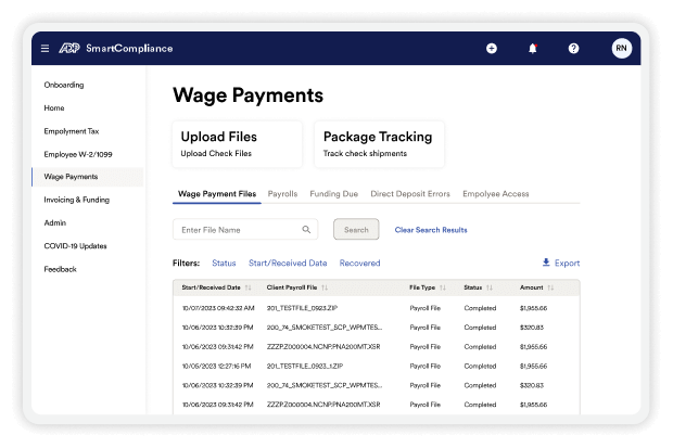 Screenshot showing ADP SmartCompliance dashboard