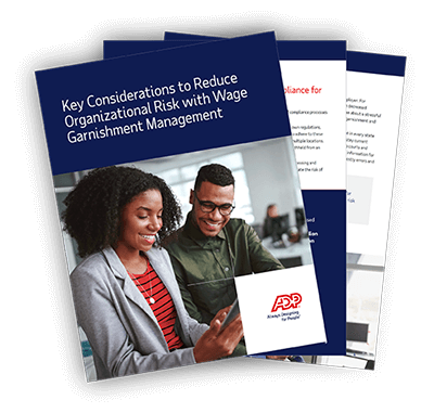 Cover of ADP's guidebook on reducing organizational risk with wage garnishment management