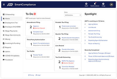Screenshot showing ADP SmartCompliance dashboard highlighting Things To Do