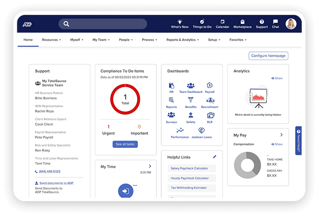 ADP TotalSource home dashboard with compliance tasks, analytics, payroll summary, support contacts, and quick links.
