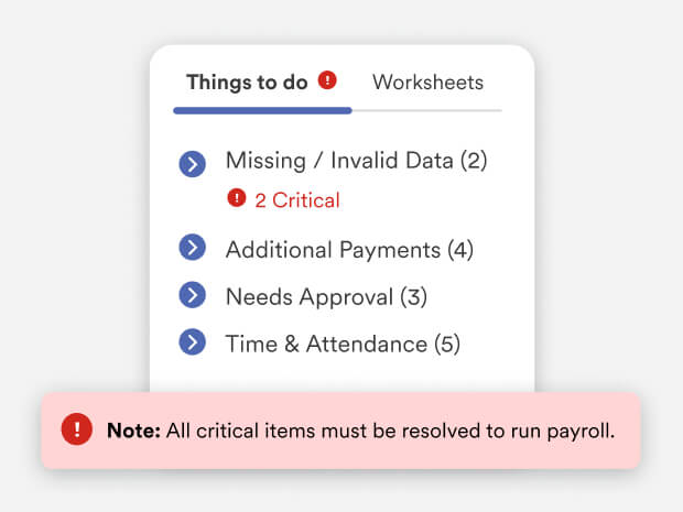 ADP payroll tasks panel showing critical missing data alerts, approvals, time tracking, and notice to resolve issues before payroll runs.