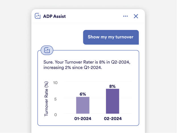 ADP Assist shows Q2 2024 turnover rate of 8%, up from 6% in Q1, with a comparison bar chart.
