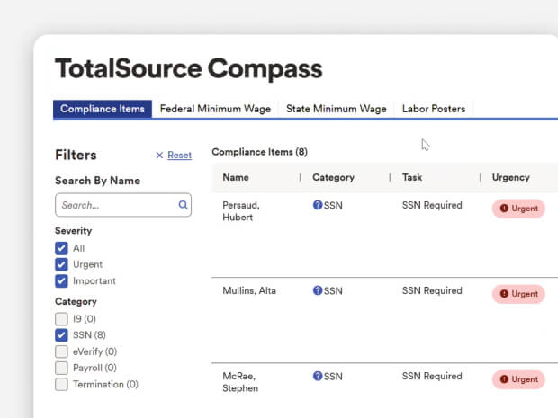 ADP TotalSource Compass showing compliance tasks list with filters, employee names, SSN tasks, and urgent status labels.